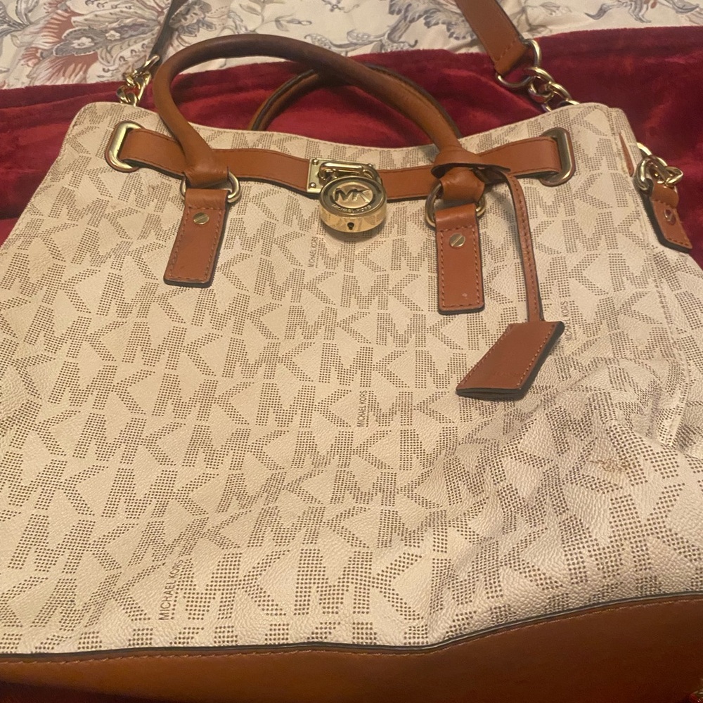 Michael Kors Beige Signature Satchel with Brown Leather Trim and Gold Hardware